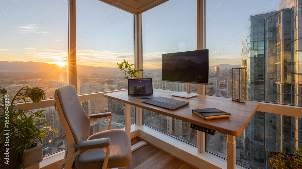 Fototapeta premium Modern and Ergonomic Home Office Setup at Golden Hour