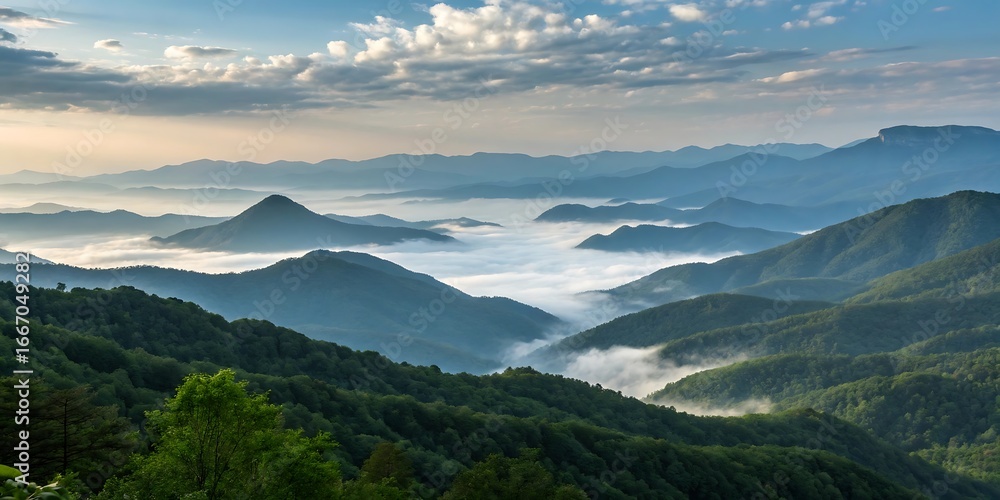 Fototapeta premium A serene mountain range with lush green forests and misty valleys under a blue sky