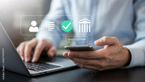 Get quick approval online using laptop and phone, modern business technology and finance concept