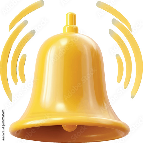 Bright Yellow Bell with Sound Waves Emanating on a White Background ringing