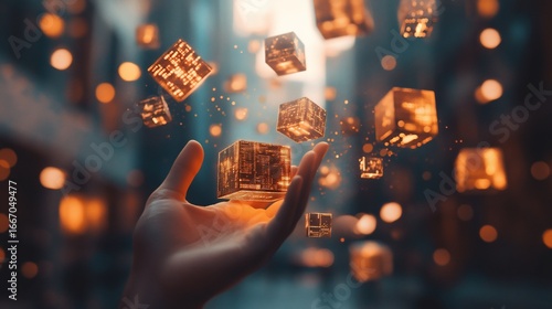 Hand's reach, golden digital cubes floating above urban environment, futuristic digital art scene.