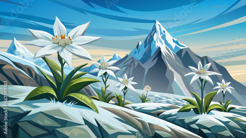 Frosted edelweiss blooms stand resilient on snowy alpine slope, delicate petals shimmering in icy light, timeless floral endurance symbolizing strength, beauty, and purity amid rugged mountain serenit