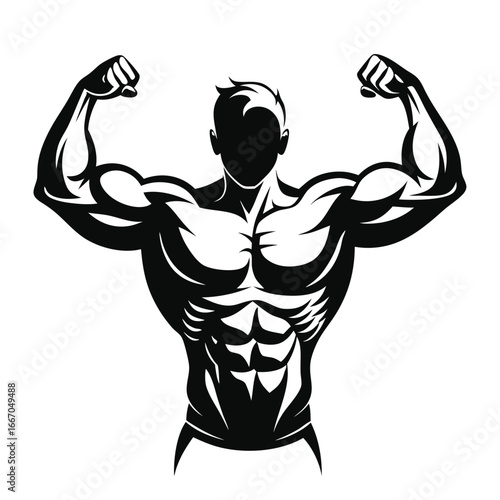 Stylized Silhouette of Bodybuilder Posing and Flexing Muscles in Black and White Illustration