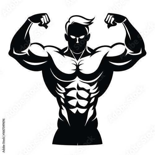 Black Silhouette of Bodybuilder Flexing Muscles with Defined Abs and Stylish Haircut