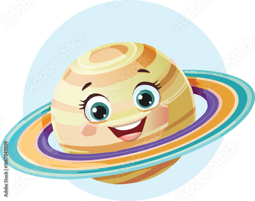 Cheerful Cartoon Saturn with Vibrant Rings