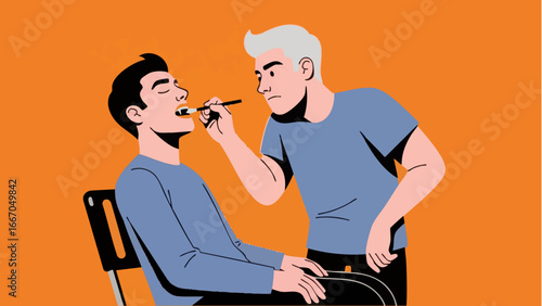 Illustration of a person applying makeup to another person sitting in a chair on orange background