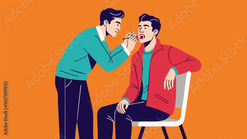 Man taking a swab from another man sitting on a chair in front of orange background illustration scene