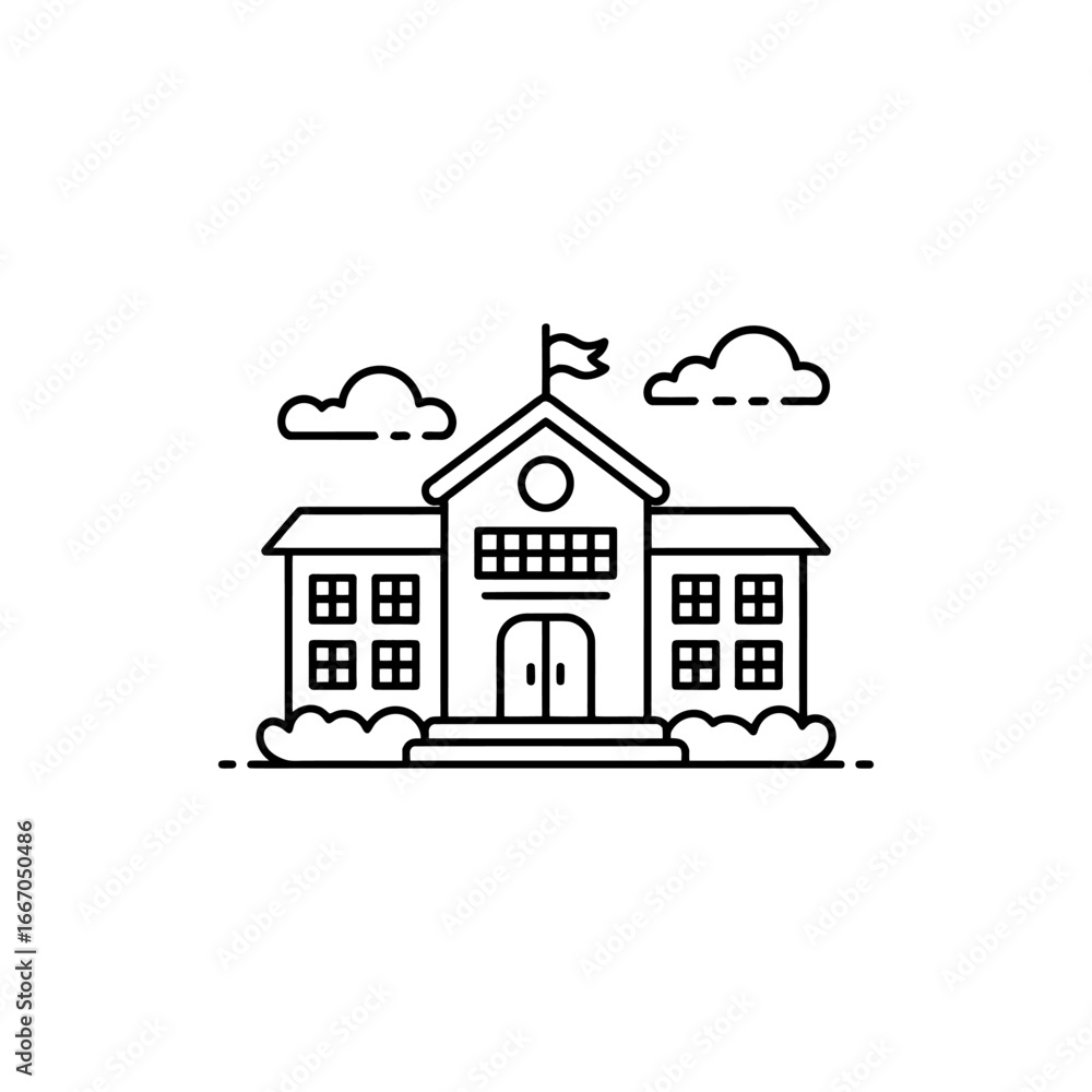 Naklejka premium Architectural Illustration of a School Building with Clouds and Landscaping in Line Art Style
