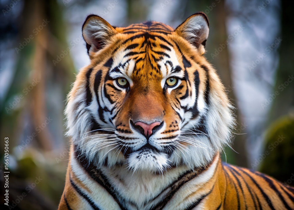 Fototapeta premium Majestic tiger face close up with intense green eyes looking directly forward