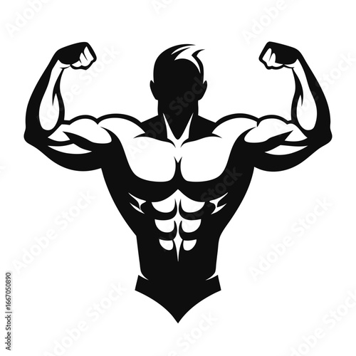 Black Silhouette of Muscular Man Flexing Biceps with Defined Abs and Pecs