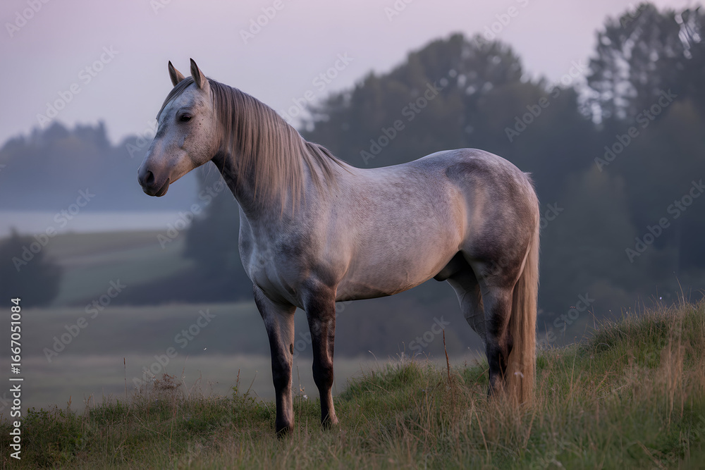 Obraz premium A beautiful gray horse standing in field