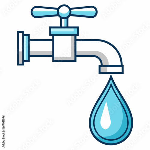 Clean water faucet with a single droplet on a white background