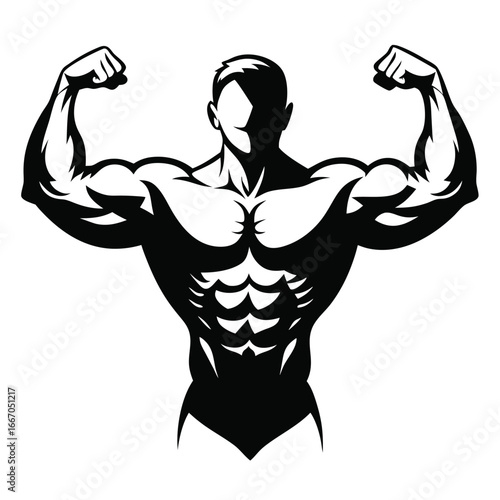 Black Silhouette of a Bodybuilder Flexing, Muscular Physique Illustration, Fitness Icon