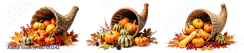 Woven cornucopias overflowing with colorful autumn fruits, vegetables, and leaves on a transparent background.
