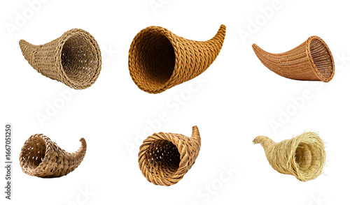 Collection of empty woven cornucopia baskets in various styles and materials on a transparent background.