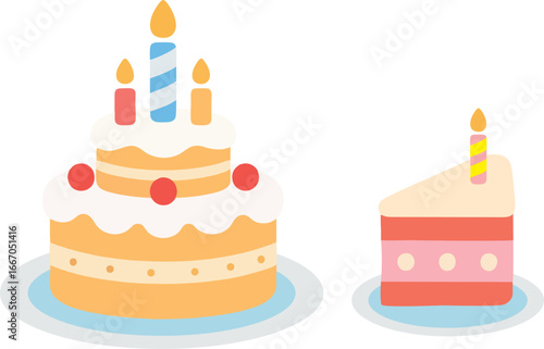 Flat vector illustration of a layered cake with candles and a slice on a plate, perfect for party invitations and food designs.