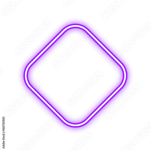 Vibrant purple neon glowing outline of a rounded diamond or rhombus shape on a white background, creating a modern graphic element.