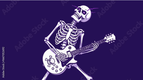 A skeleton with horns is playing a white electric guitar against a dark purple background image scene