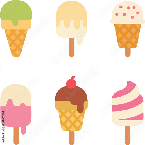 Vector set of pastel-colored ice cream and popsicle icons, perfect for kids design, menus, stickers, and summer themes.