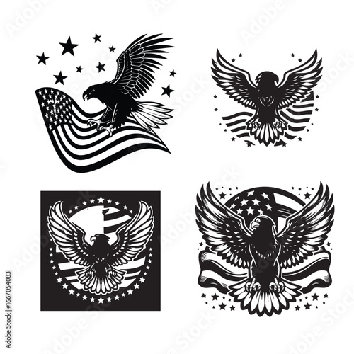 Black Silhouette American T-Shirt Design Vector | USA Flag, Eagle, Statue, Liberty, Freedom Art