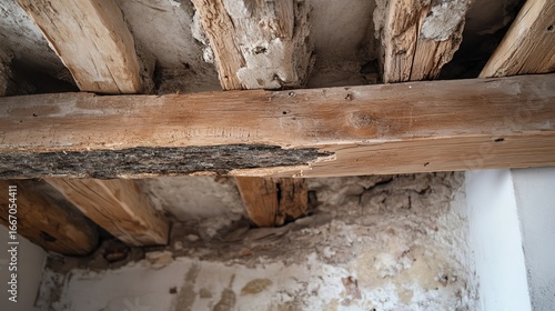 Wooden beam propped under cracked ceiling as temporary support