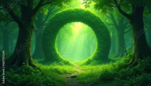 Lush green circle, divine center, mystical forest, soft light, fantasy, holy