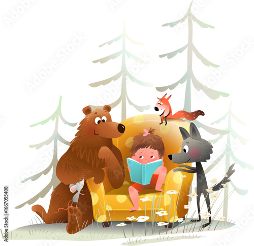 Little girl reading a book to animals in pine tree forest. Fairytale cartoon for children. Bear wolf squirrel and child reading book. Cartoon vector illustration in watercolor style for kids education