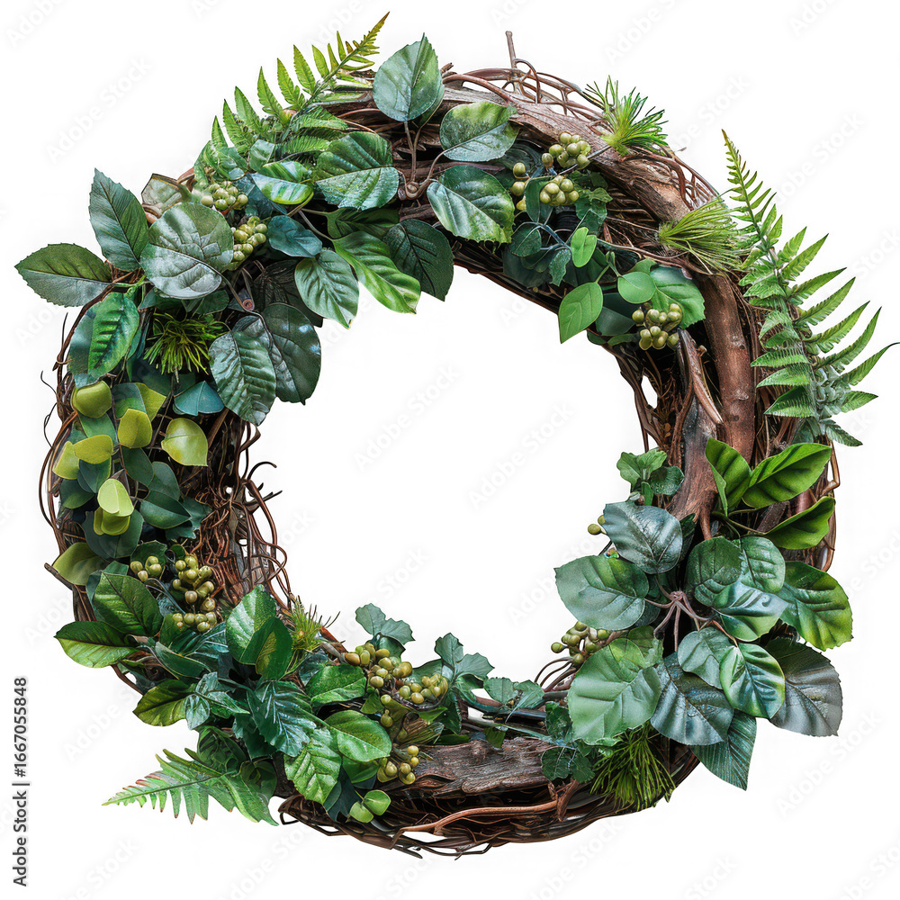 Fototapeta premium A beautiful green wreath made of natural branches and lush foliage, adorned with small berries, perfect for home decoration isolated on transparent background