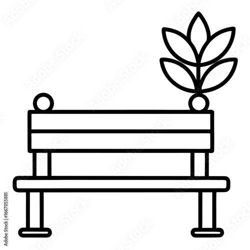 An isolated, brown wooden park bench on a grassy lawn with nobody sitting on it