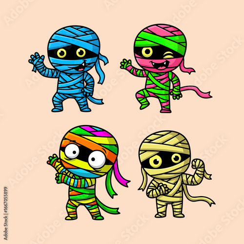 Four cartoon mummies with colorful bandages and different expressions, perfect for Halloween.