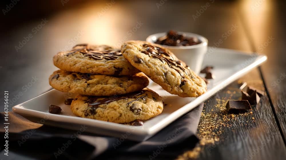 Ultra HD Savor the tempting stack of chocolate chip cookies adorned with chocolate drizzle, accompanied by a bowl of chocolate chunks on a rustic wooden table, Chocolate chip video