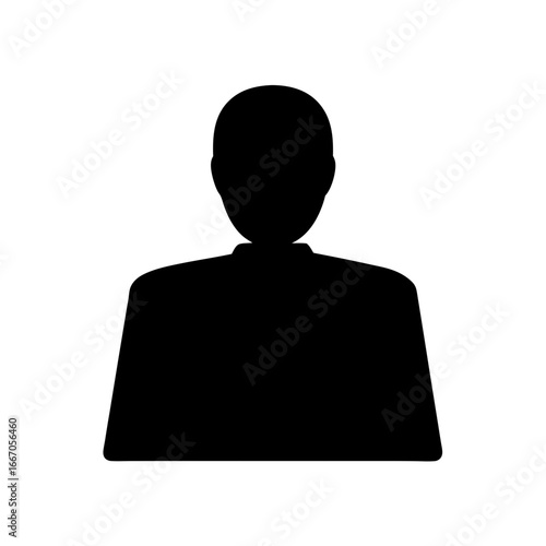 Silhouette of person with broad shoulders and featureless head on white background