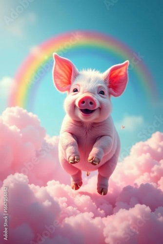 Pink piglet joyfully trots on fluffy rainbow clouds, sun, soaring