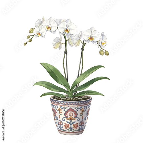 Elegant watercolor illustration of a white orchid in a decorative pot.