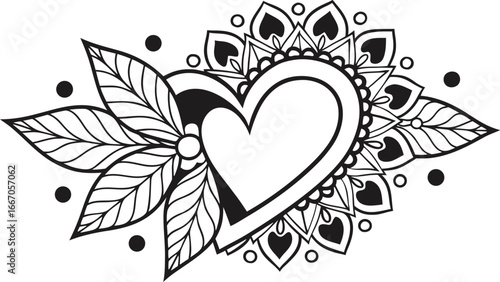 Monochrome floral heart Mandala Valentine logo design. Tender doodle heart of flowers, twigs and leaves. Black and white vector pattern. black and white vector illustration of a heart surrounded.
