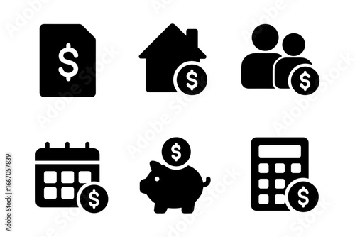 Silhouette icons of finance: piggy bank, calculator, and calendar with dollar symbols