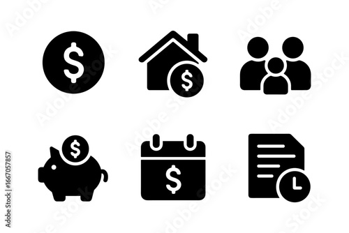 Silhouette icons of financial management: budget, savings, family, and home economy