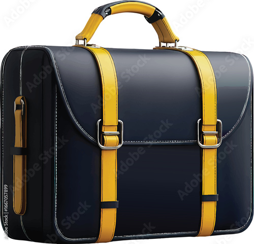 Dark Blue Briefcase with Yellow Straps and Handle Isolated on White Background luggage travel