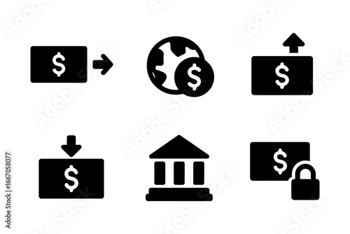 Finance icons: global transactions, secure payments, and banking symbols in silhouette style