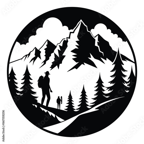 Black and White Mountain Landscape Illustration with Hikers and Pine Trees in Circular Design