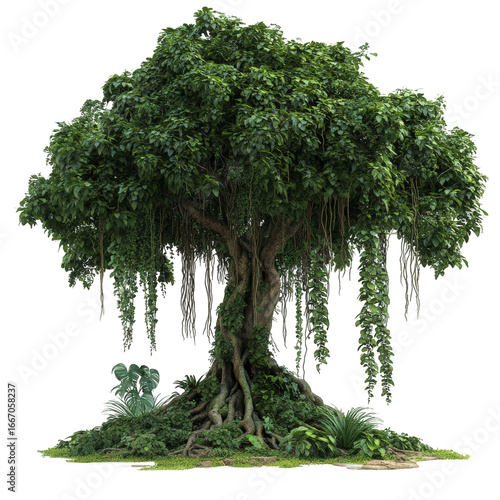 Large tree with green leaves and vines growing out of it