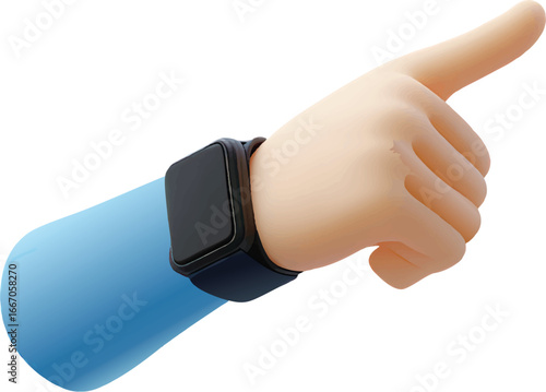 3D Cartoon Hand Pointing with Smartwatch on White Background finger index finger