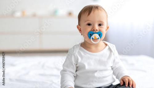 Smiling baby with Down syndrome sitting on bed with blue pacifier in mouth wearing white shirt in bright room with blurred background