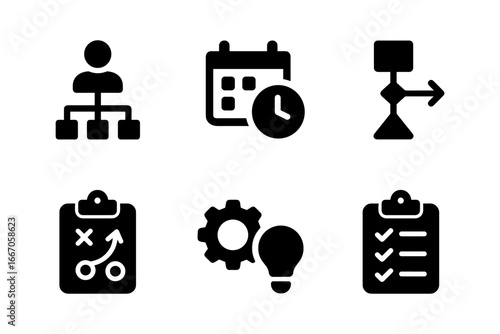 Project management icons: workflow, planning, strategy, and tasks in bold silhouette style