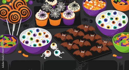 A dark table is filled with Halloween treats candy corn gummy worms eyeball candies spiderweb cupcakes and bat cookies