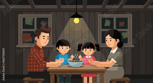 A family of four parents two children eats a meal from a shared bowl under a single light bulb in a rustic room