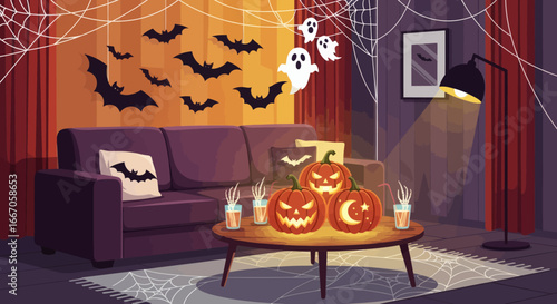 A Halloweendecorated living room featuring a purple sofa a coffee table with three jackolanterns and batghost cutouts