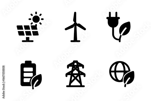 Eco energy icons set featuring renewable sources and green technology symbols