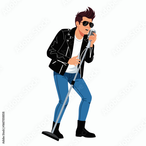 A male singer in a black leather jacket blue jeans and sunglasses singing into a vintage microphone