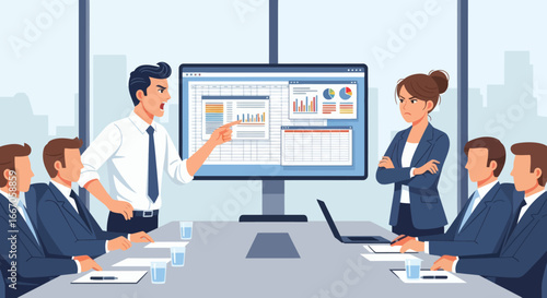 A male manager shouts and points at a data screen during a tense meeting with an angry female manager and other seated colleagues